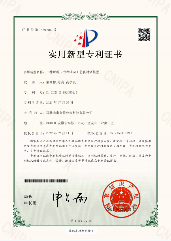 ZS4915-一种耐震压力表轴向工艺孔封堵装置-实用新型专利证书